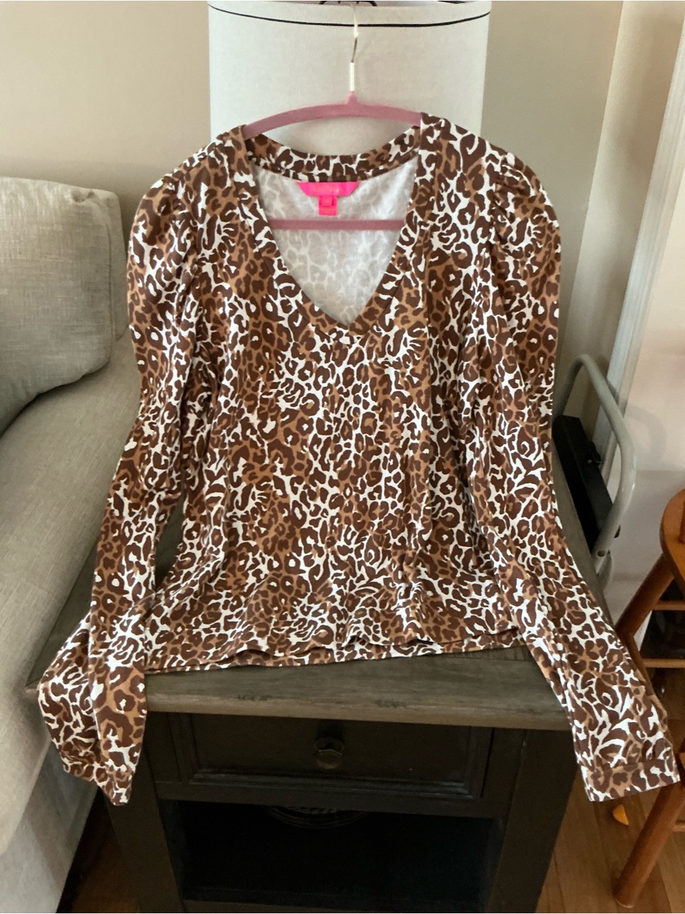 Lilly Pulitzer Brown and White Leopard Print V-Neck Long Sleeve Top